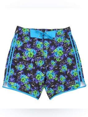 Under Armour Men’s Black Floral Swim Trunks - Blue & Green